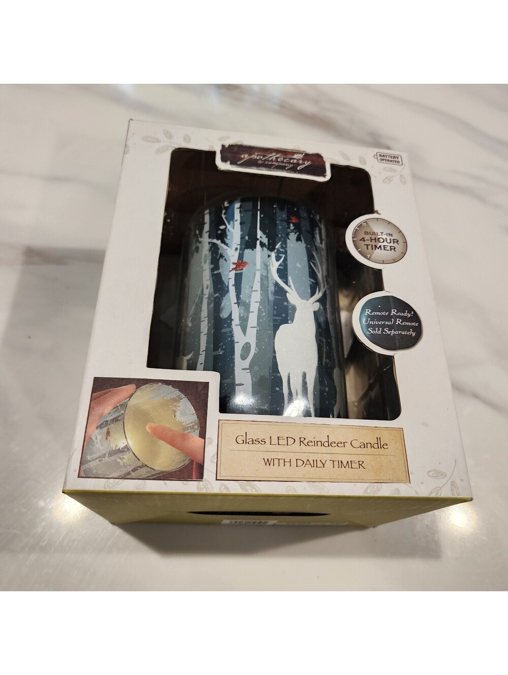 New in Box Glass LED Reindeer Candle with Birch Tree Design & Daily Timer 6”